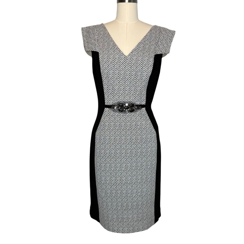 Teri Jon by Rickie Freeman Black and White Tweed Rhinestone Sheath Dress| 10